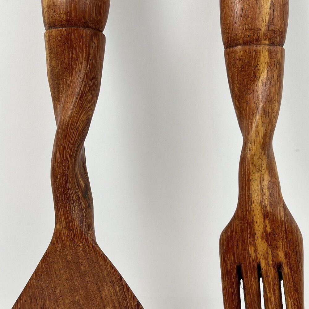 Hand Carved African Wooden Salad Server Spoon Fork Set Kenya A Leo Product - Picture 7 of 13
